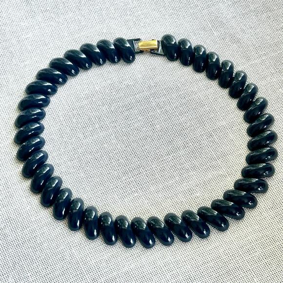 Vintage Napier Navy Blue Spiral Bead Choker Necklace, 80s Statement Jewelry - Picture 11 of 13